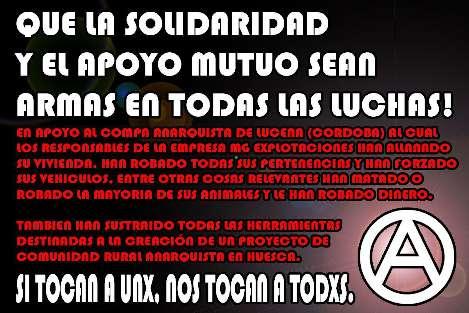 Compañero anarquista de lucha sufre un allanamiento y robo con fuerza, por parte de los nuevos propietarios de la finca en la que vive y cuida